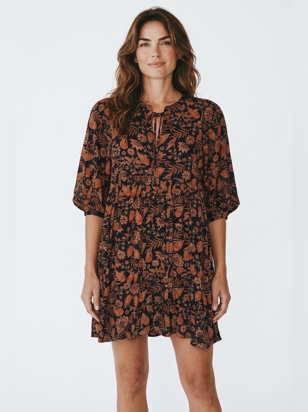 Elan Black Orange Mini Dress with Vneck Tie Ruching -S